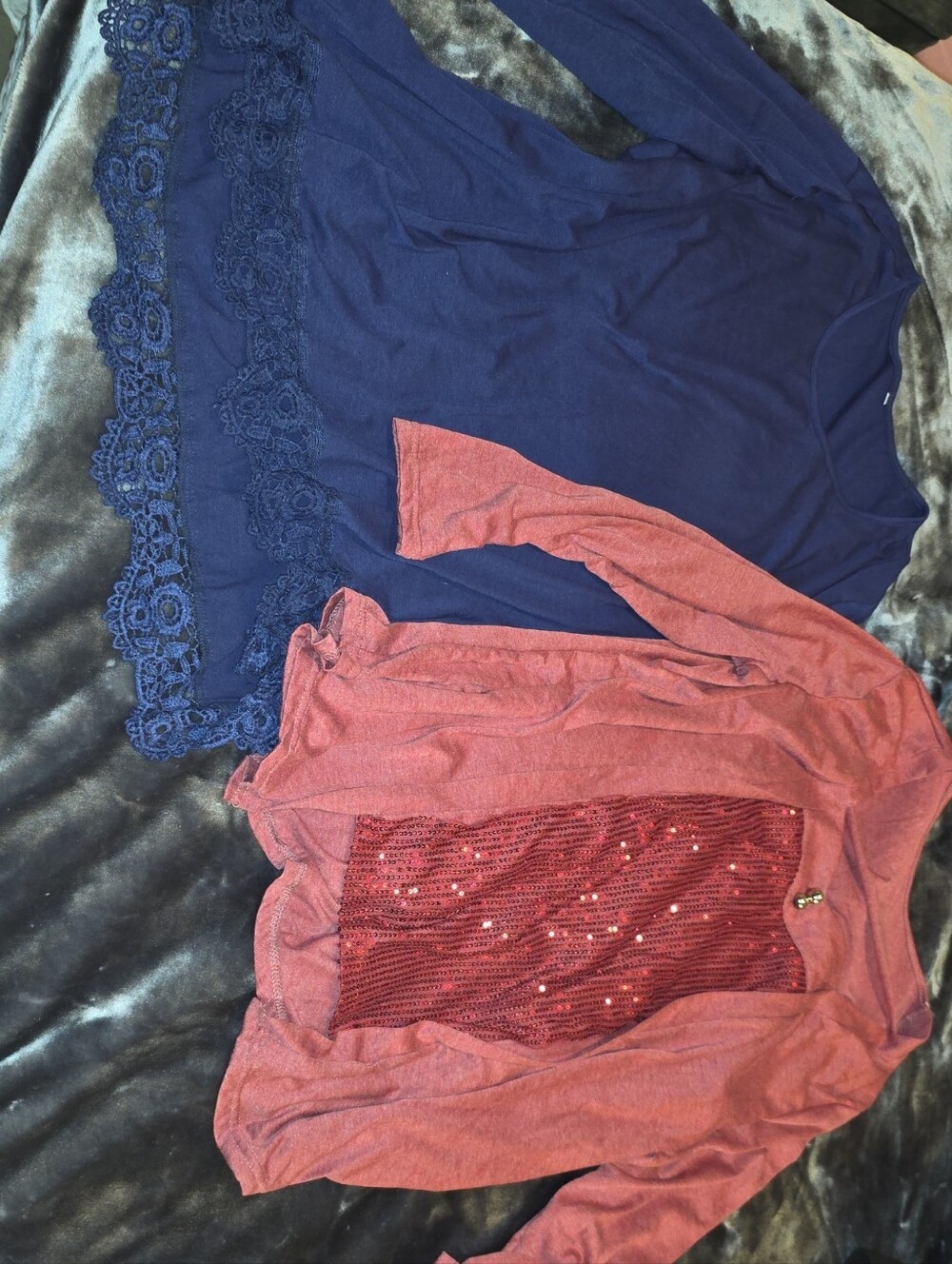 Women's Navy Lace-Hem Top and Rose Sequin Cardigan Set